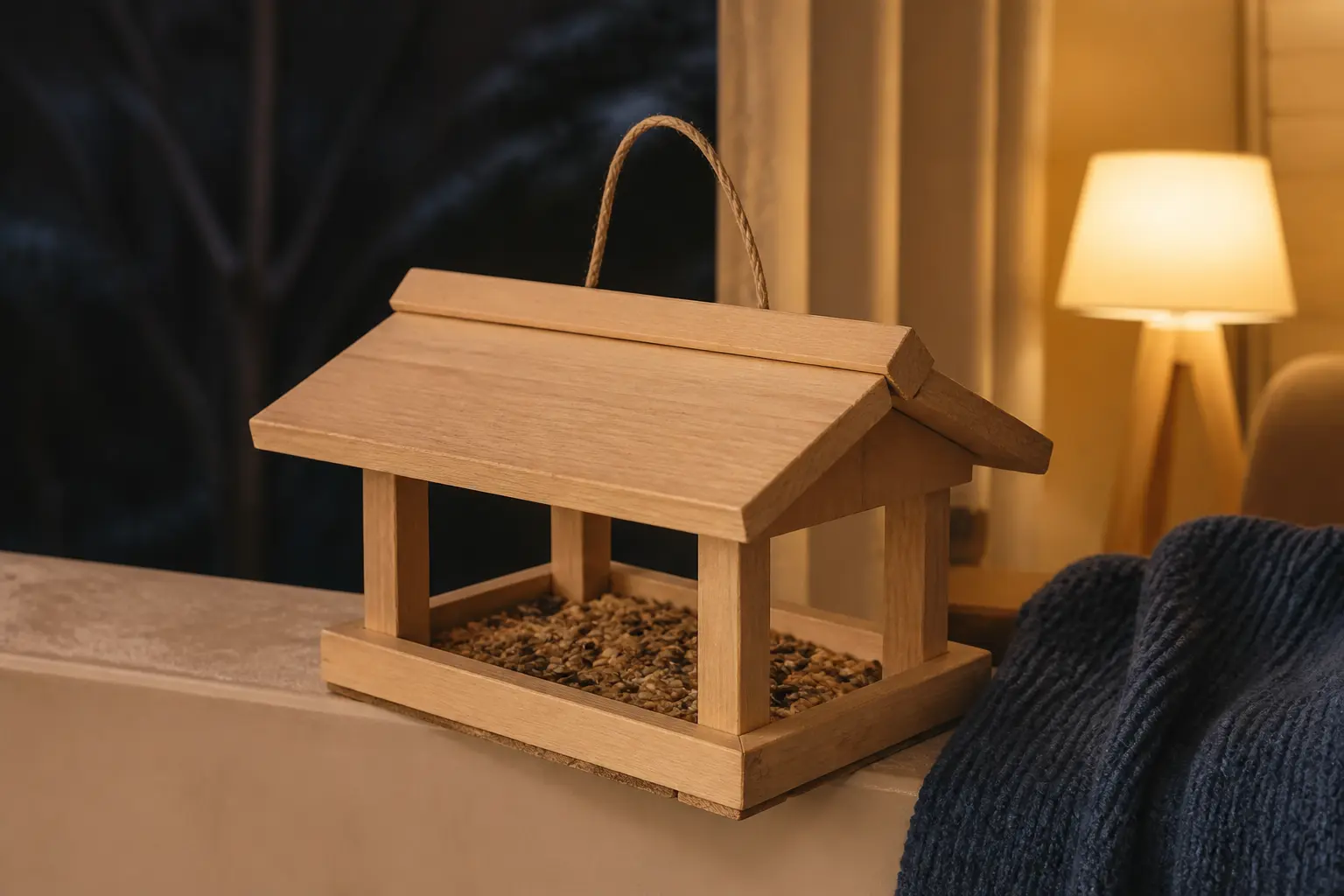 Mangeoire oiseaux à fabriquer soi-même en bois, posée sur un rebord de balcon abrité, lumière chaude du soir.