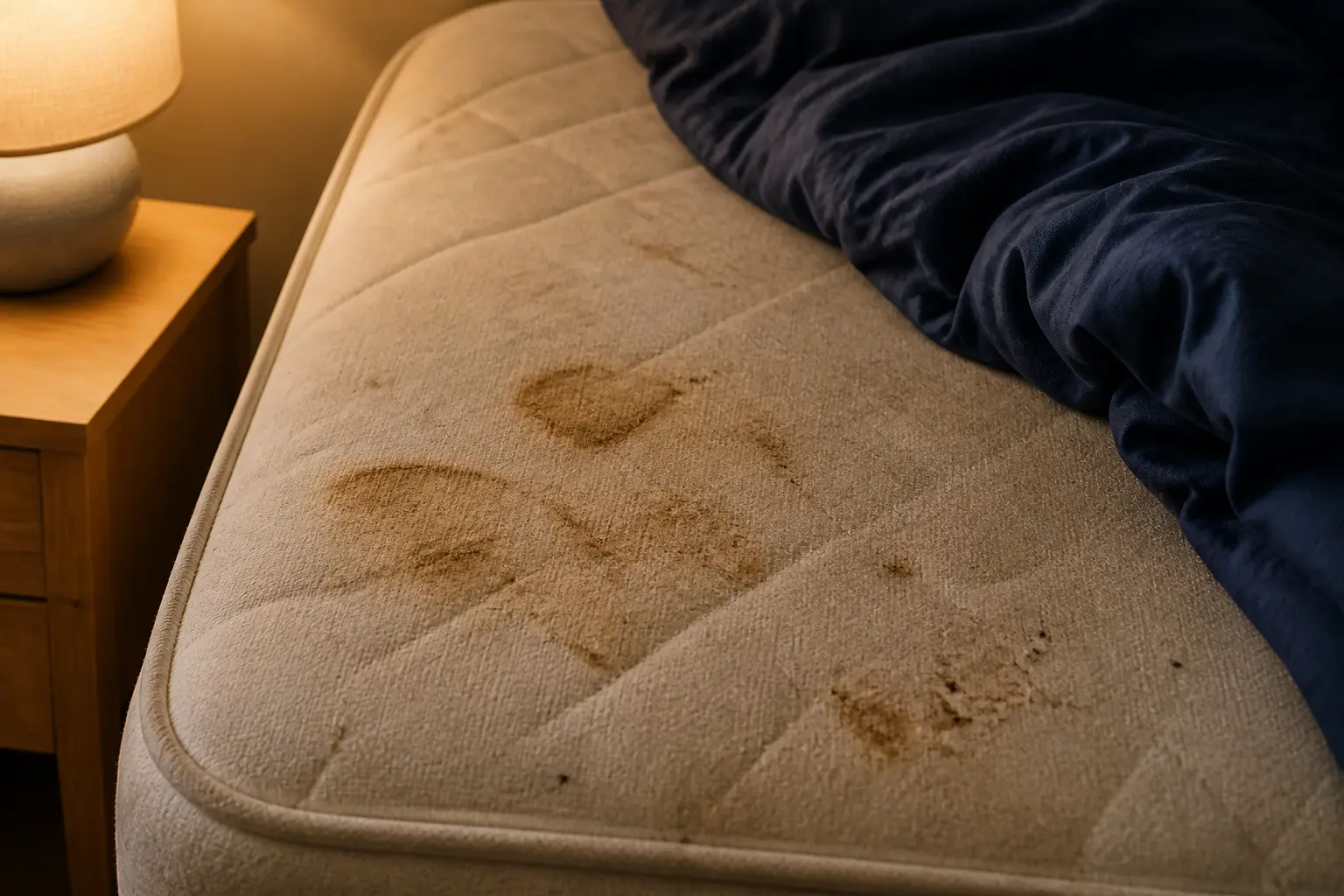 Gros plan d’un matelas taché dans une chambre, illustrant comment nettoyer un matelas taché avec lumière douce.