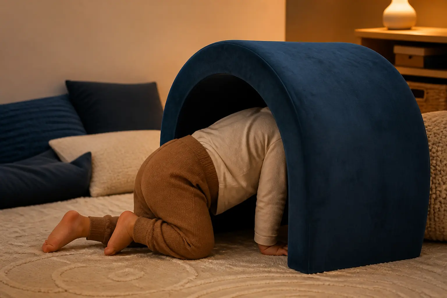 Enfant rampant dans un tunnel en mousse sur un parcours motricité, dans un salon avec coussins et tapis, lumière chaude.