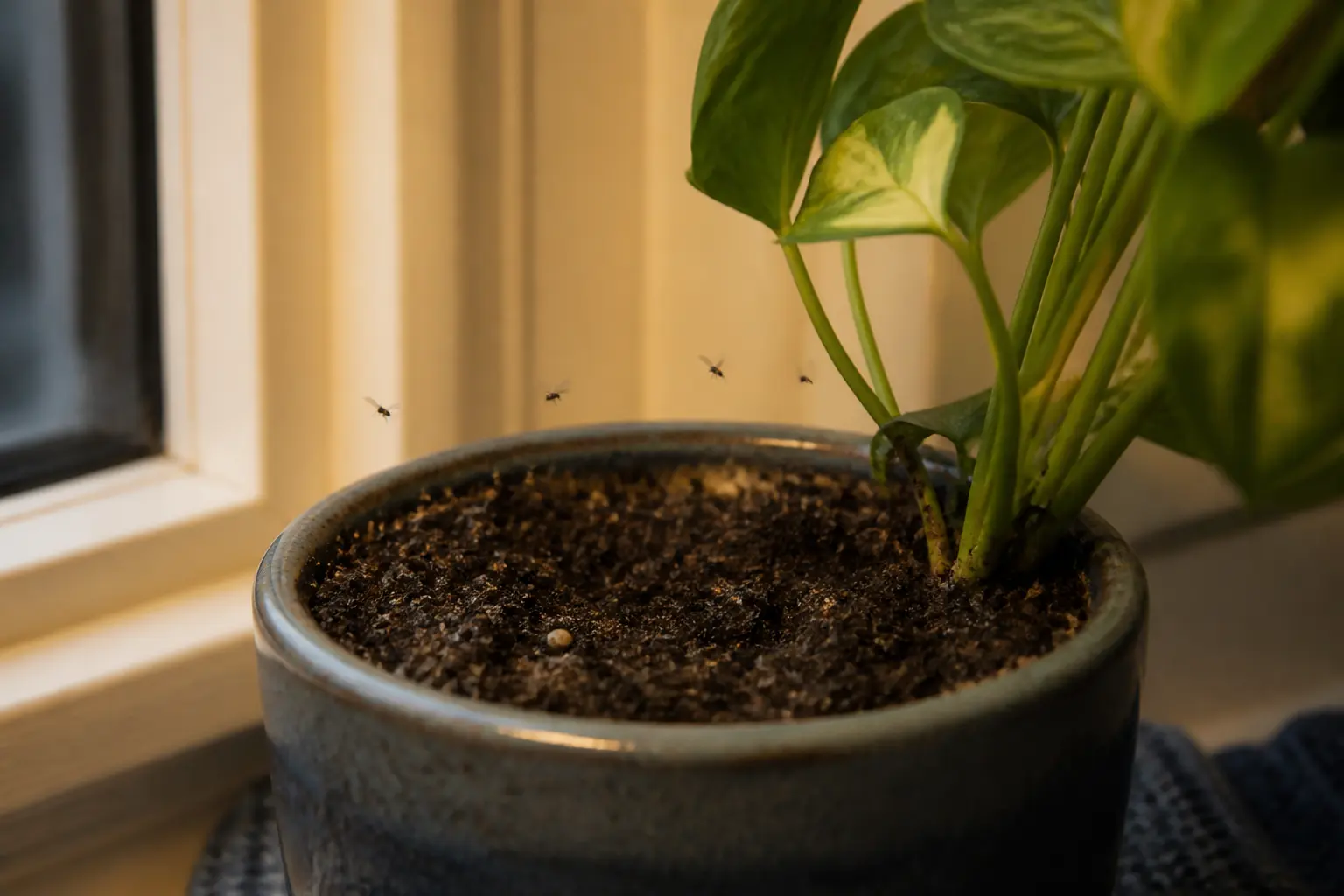 Petit moucheron noir au-dessus d’un terreau humide sur un rebord de fenêtre près d’un pot de plante, en gros plan
