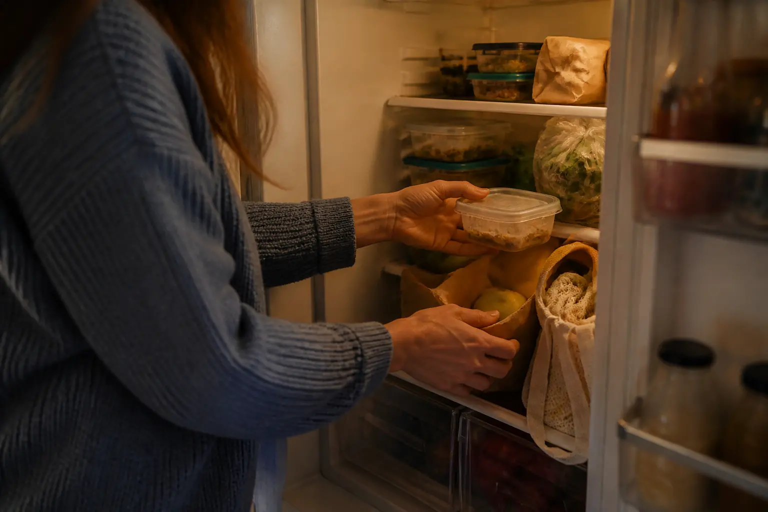 Rangement du frigo : mains triant restes et courses dans un réfrigérateur ouvert, cuisine chaleureuse le soir