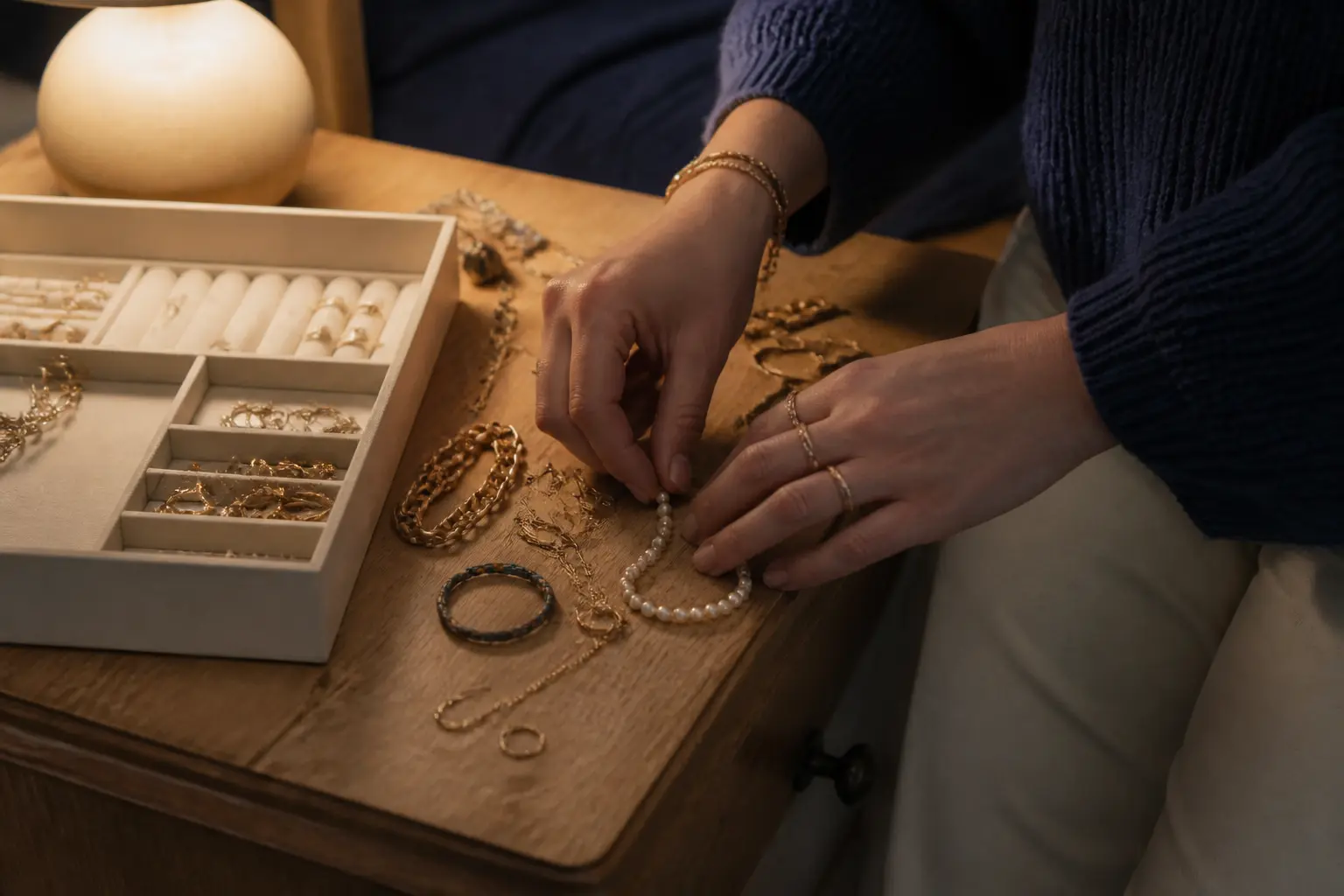 Mains rangeant des bijoux sur une commode en bois, près d’un plateau ouvert, lumière chaude du soir.