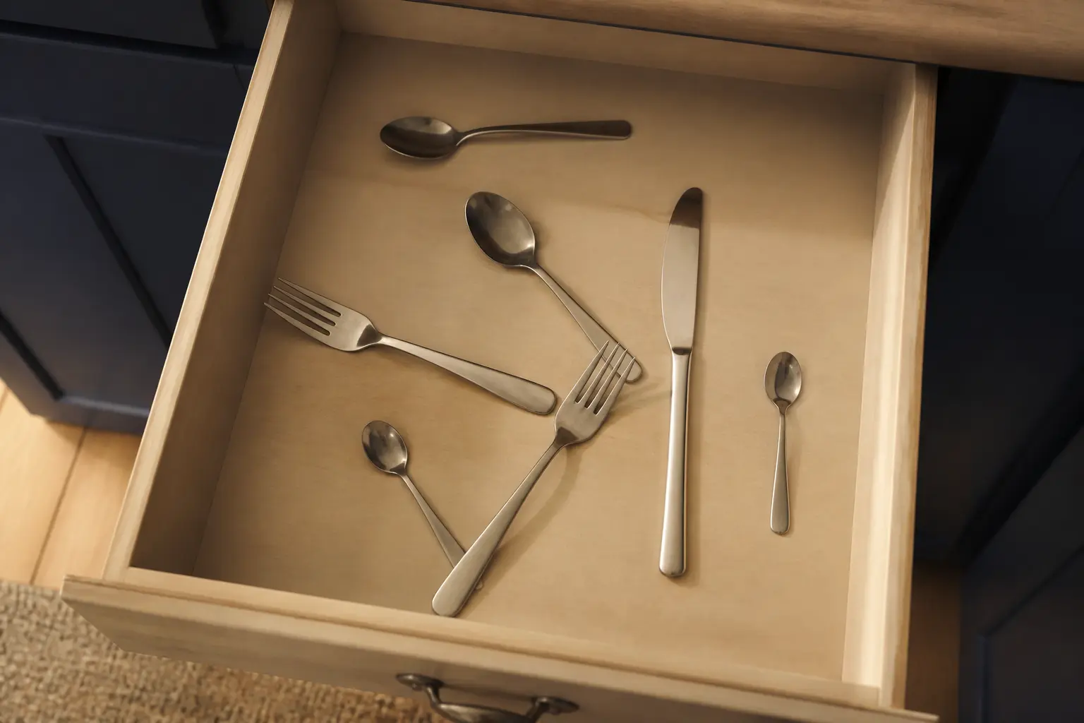 Tiroir de cuisine vu du dessus avec couverts éparpillés, illustrant comment ranger les couverts dans un intérieur chaleureux
