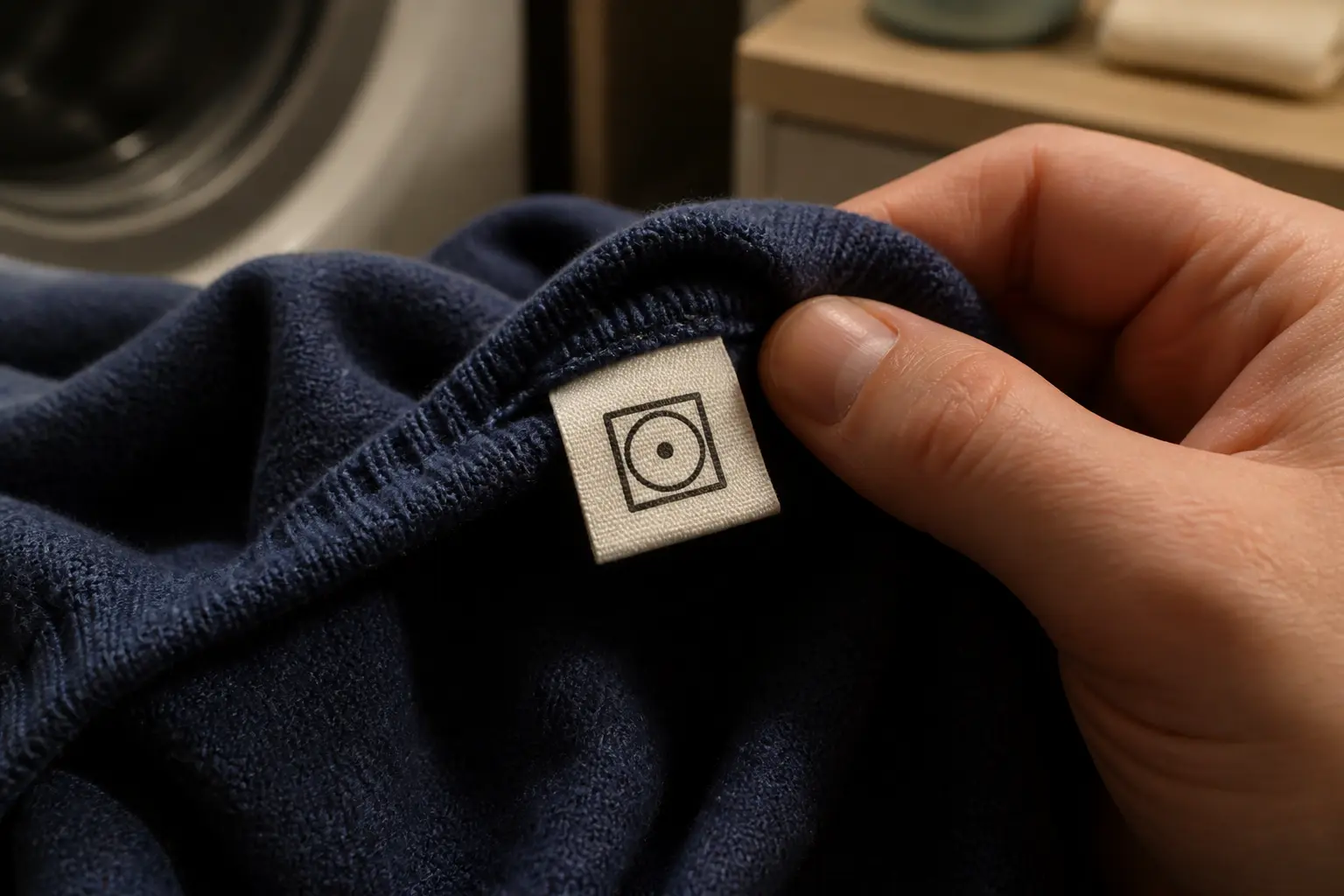 Gros plan sur une étiquette textile avec symbole du seche linge près d’un lave-linge dans une buanderie chaleureuse