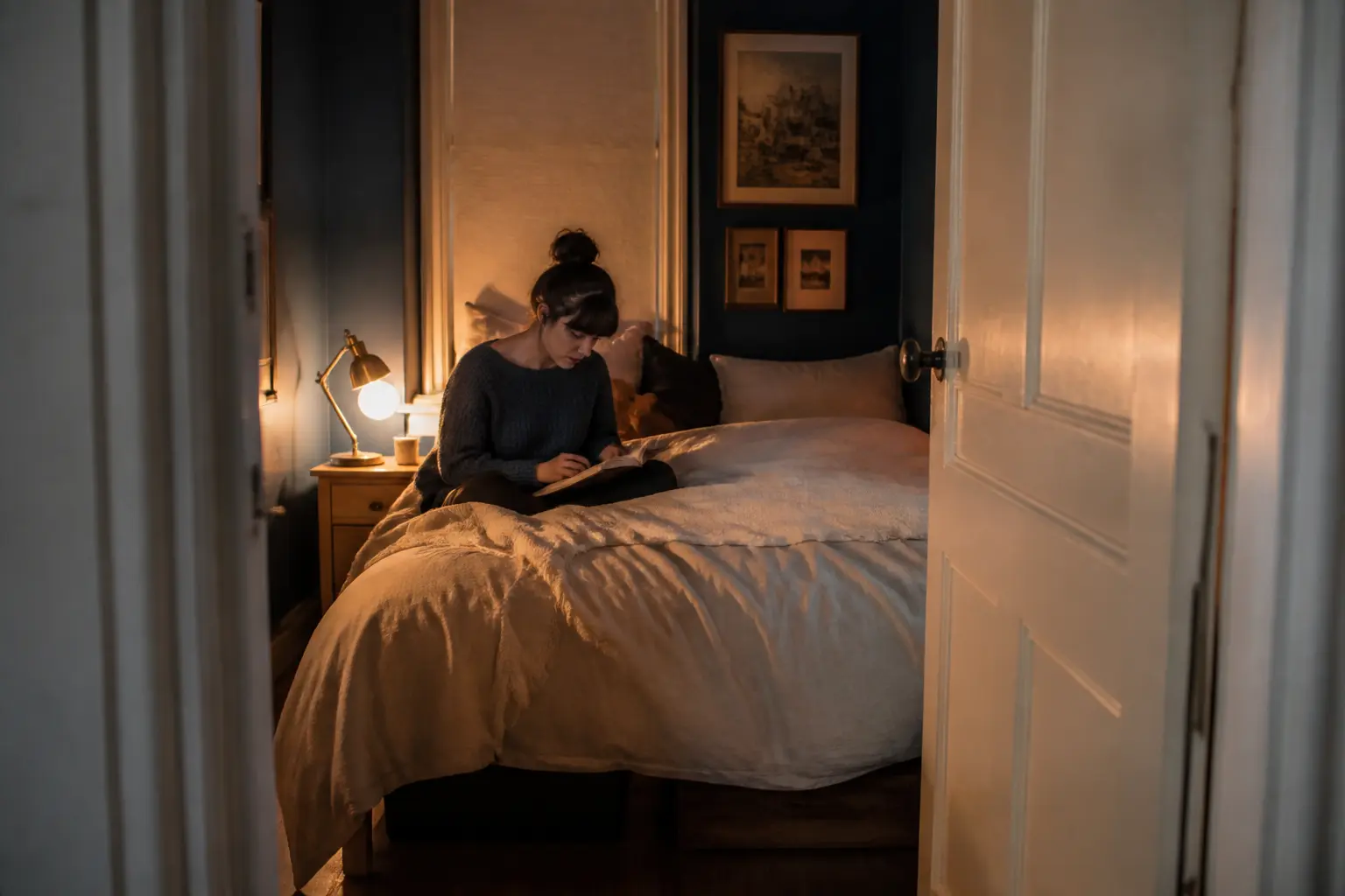 Chambre en taille minimale chambre dans un vieil appartement, lit occupant presque tout l’espace, lumière chaude tamisée.