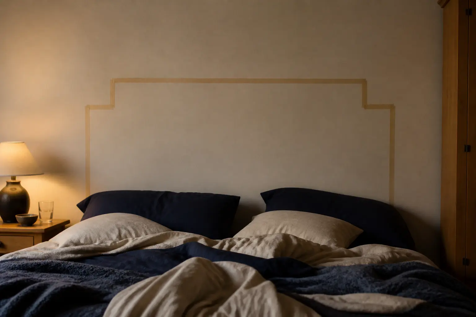 Contour de tete de lit diy tracé au ruban sur un mur de chambre au-dessus d’un lit défait, lumière chaude douce