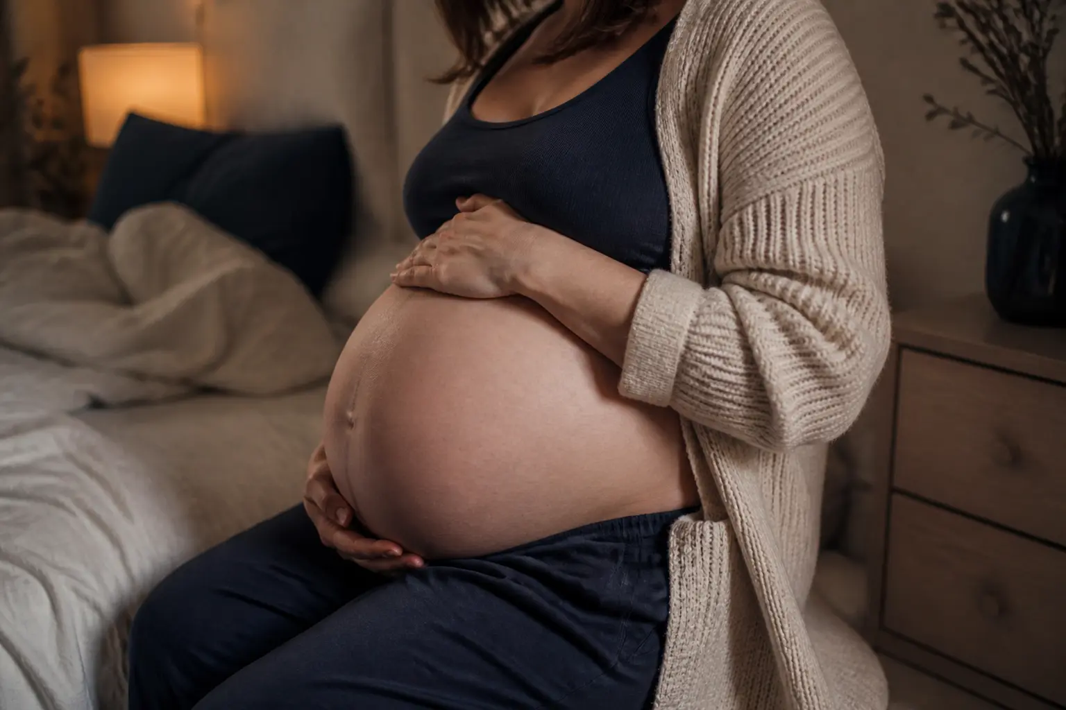 Ventre de femme enceinte bas dans une chambre, illustrant un truc de grand-mère pour savoir quand on va accoucher