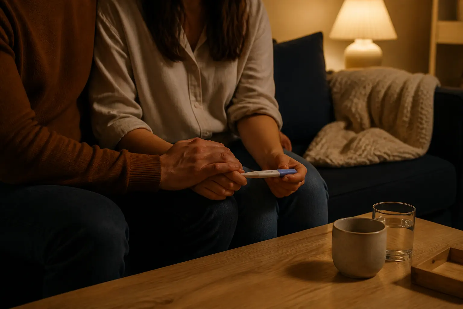 Annonce grossesse : couple sur canapé, test posé sur la table basse, mains jointes dans un salon tamisé en soirée.