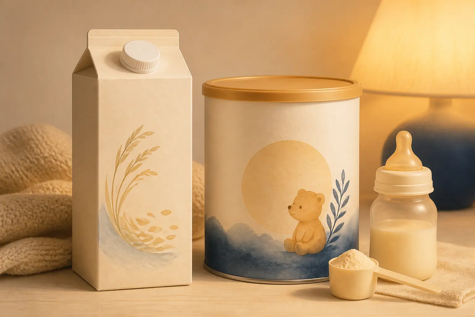 Comparaison visuelle du bebe lait de riz : boisson au riz et lait infantile en boîte avec doseur et biberon.