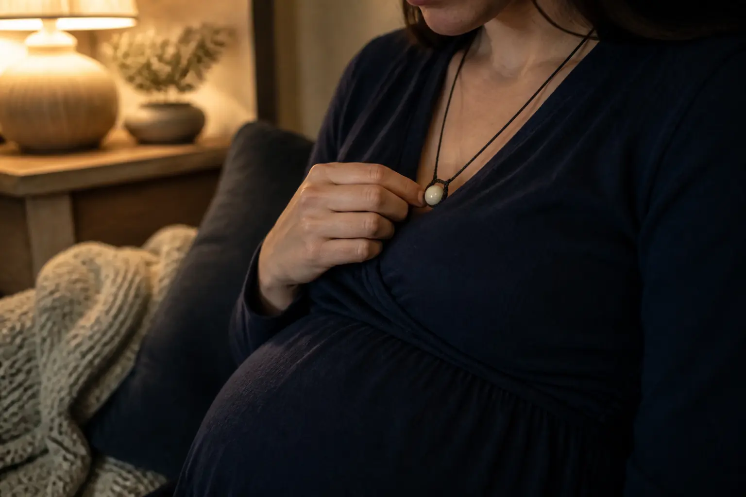 Bola de grossesse dangereux : gros plan d’une femme enceinte touchant un petit pendentif dans un salon chaleureux, lumière douce.
