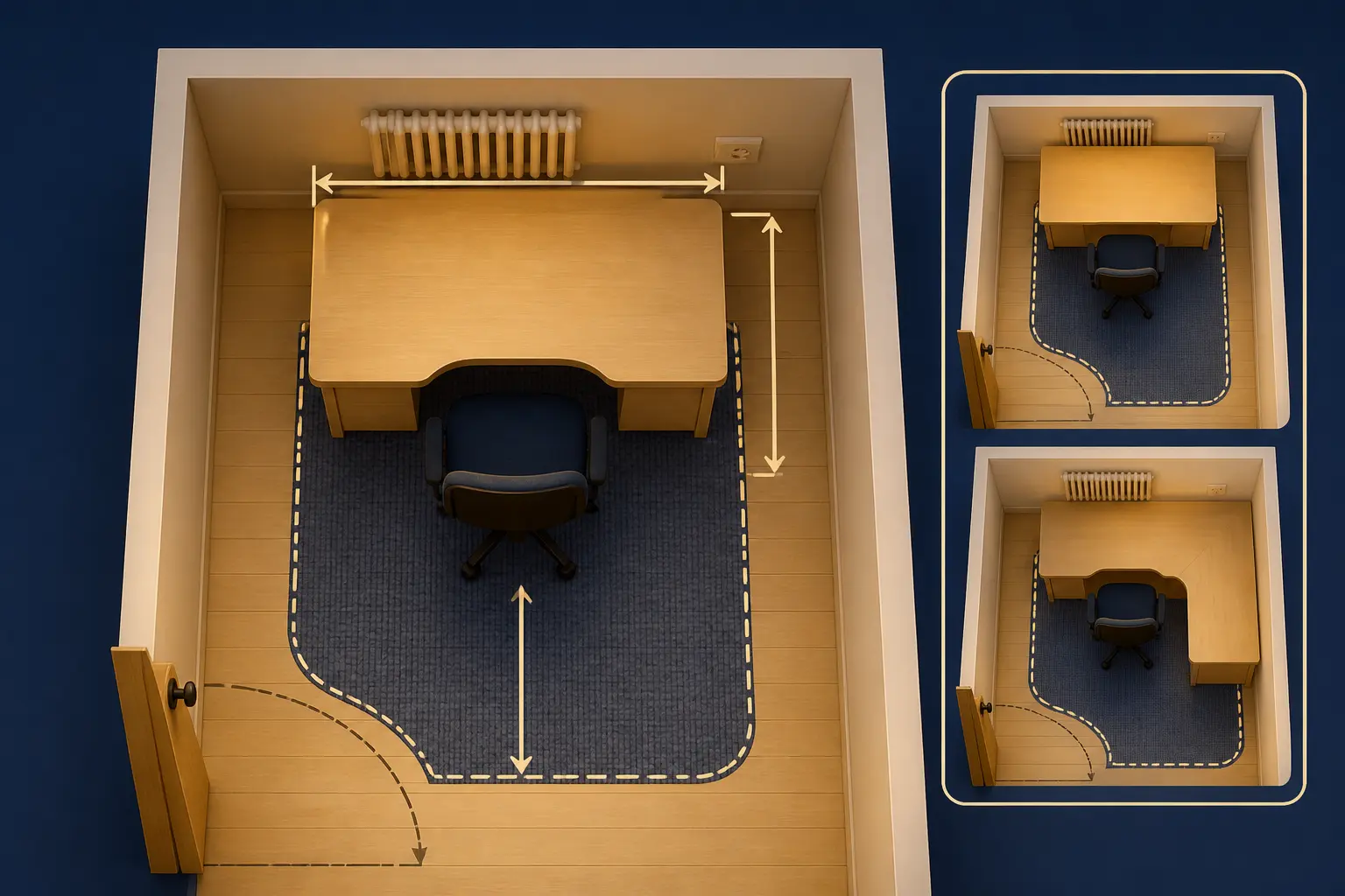 Plan isométrique d’un bureau dans petit espace avec mesures, dégagements et comparaison bureau droit ou d’angle