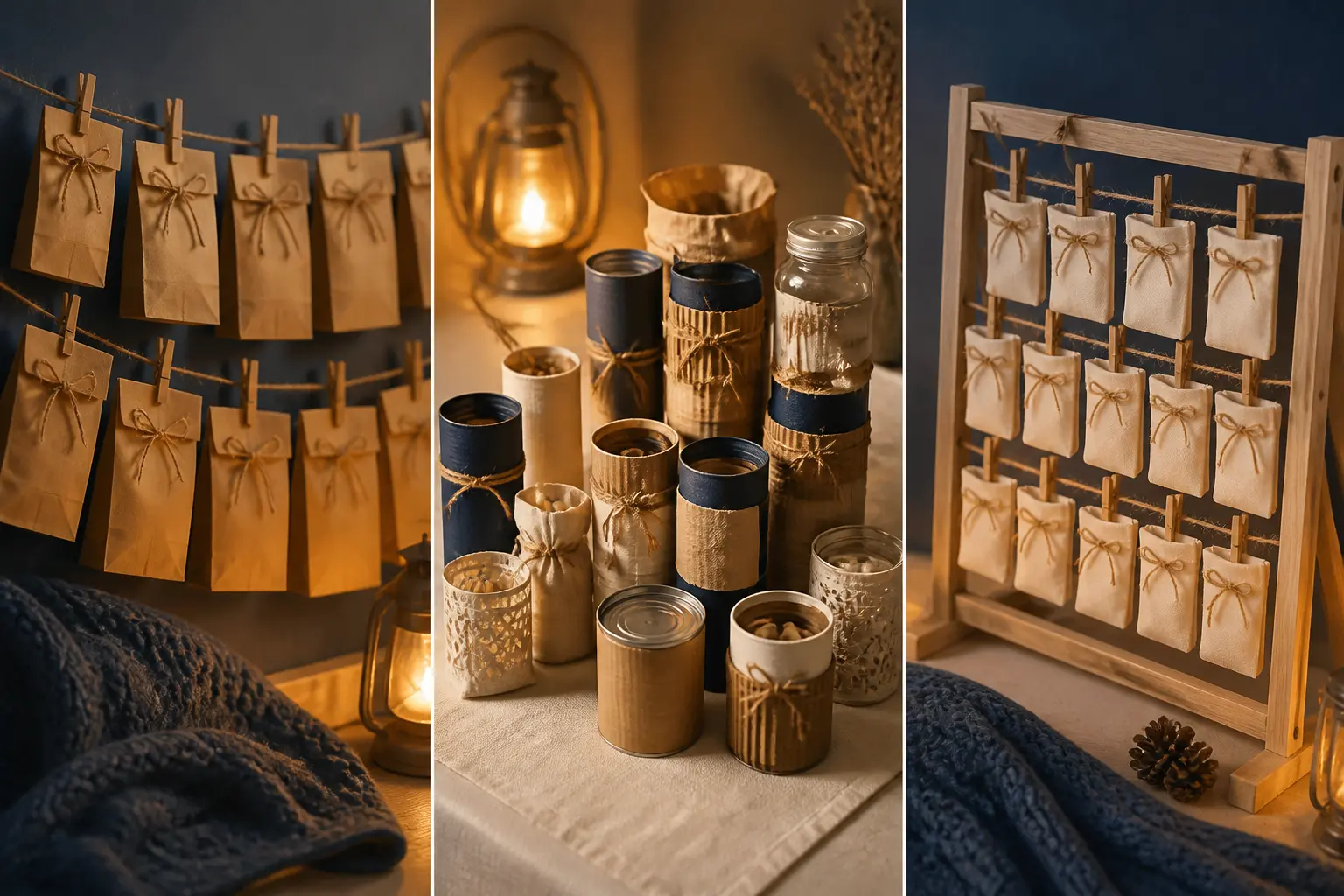 Calendrier de l avent fait maison en trois idées DIY : pochettes kraft, contenants recyclés et support en bois réutilisable