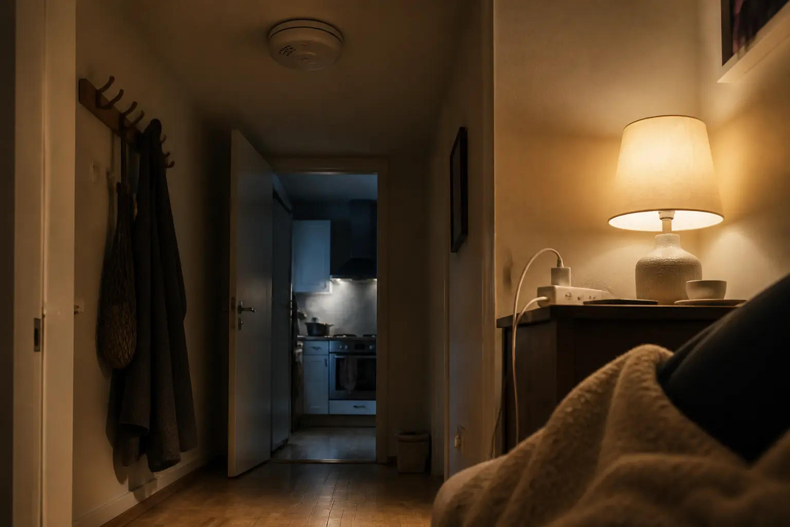 Détecteur de fumée qui bip dans un couloir sombre, avec cuisine entrouverte et légère fumée en arrière-plan.