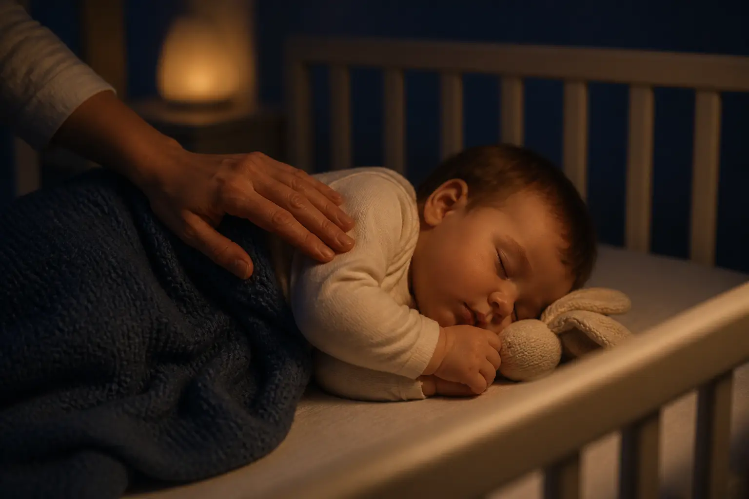 Endormissement autonome bebe : bébé apaisé dans son lit, main rassurante du parent, veilleuse douce et doudou près de lui