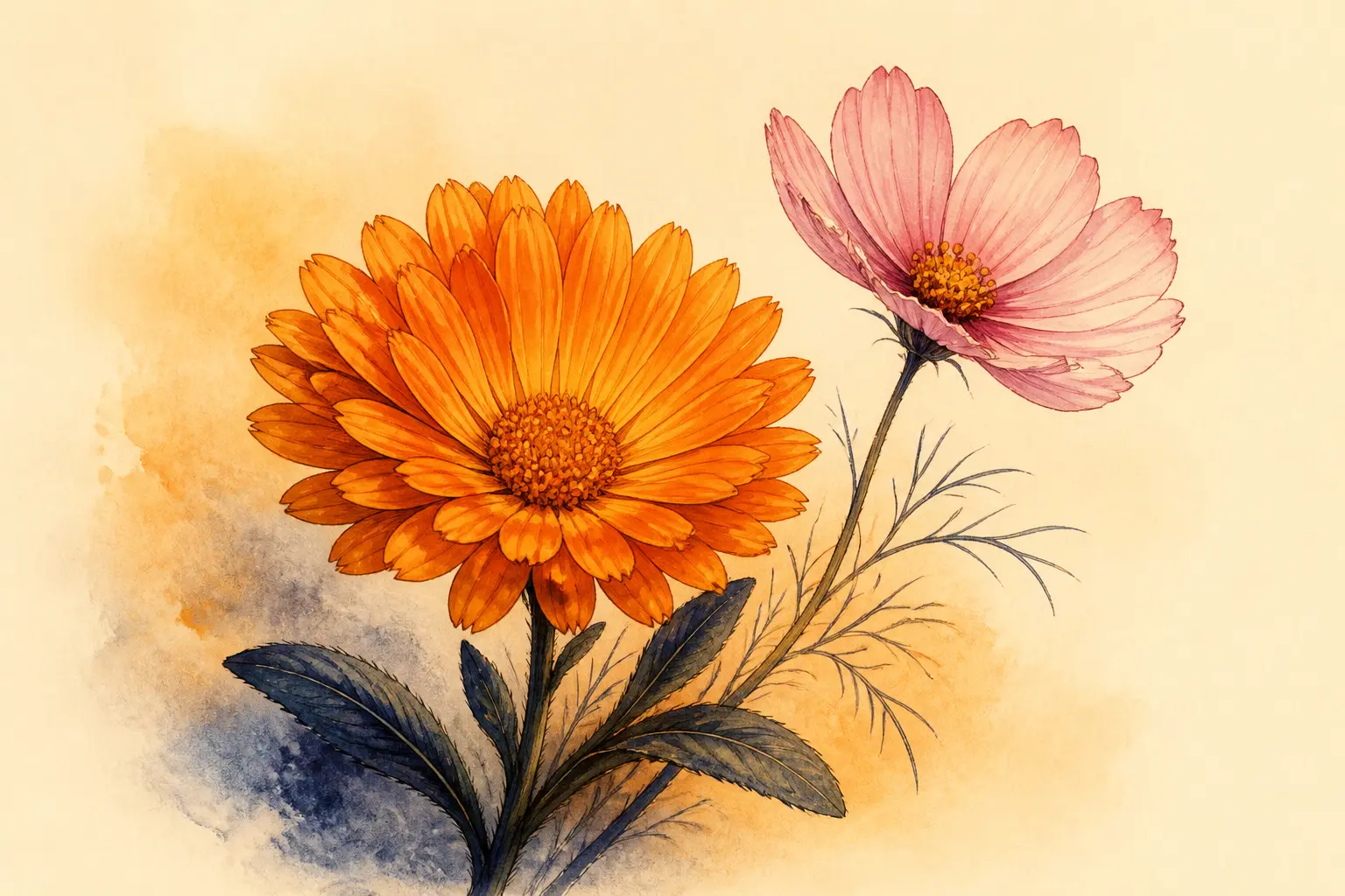 Fleur de naissance octobre : calendula orange et cosmos rose en illustration botanique aquarelle, fond crème doux.