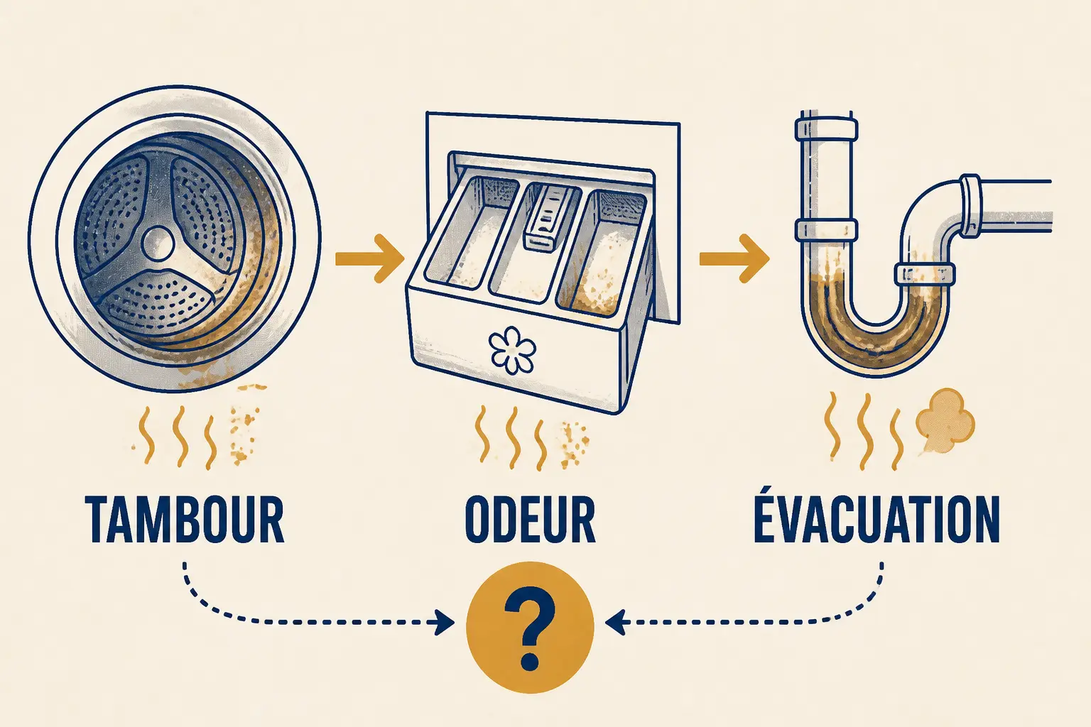 Schéma de diagnostic d’une mauvaise odeur machine à laver : tambour, odeur, évacuation à repérer avant nettoyage.