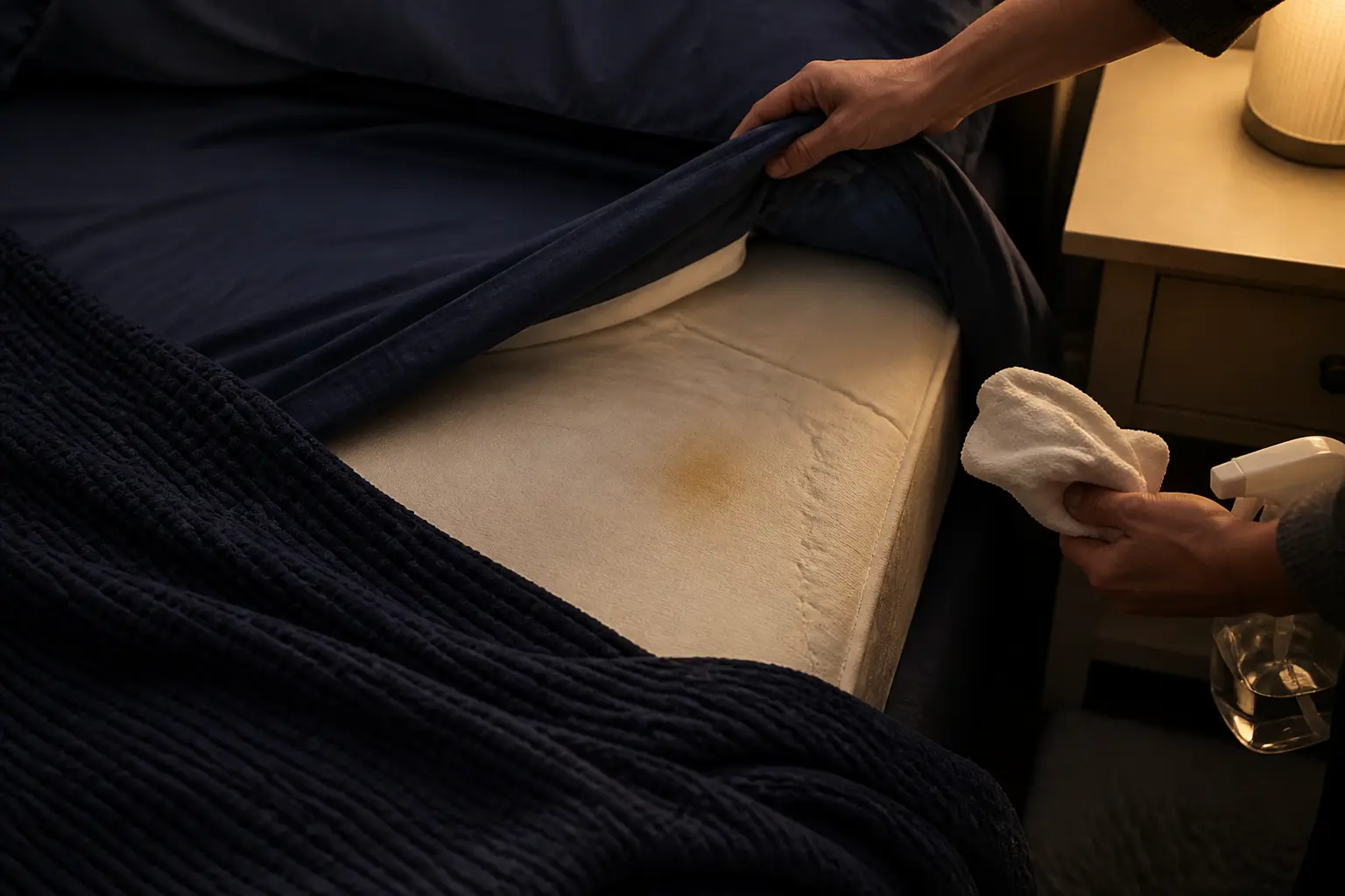 Avant de nettoyer un matelas taché, main inspectant une tache sur le matelas avec chiffon et spray près du lit