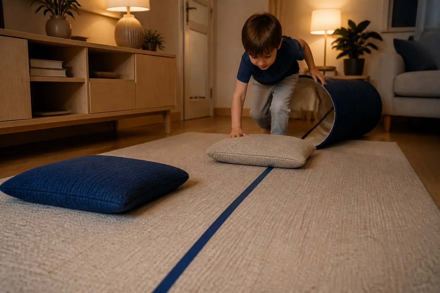 Enfant dans un parcours motricité à la maison, rampant et enjambe des coussins, tunnel en mousse, lumière douce du soir