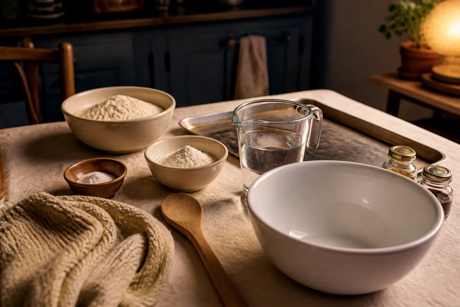 Pate a modeler maison : ingrédients et matériel préparés sur une table de cuisine avant le mélange