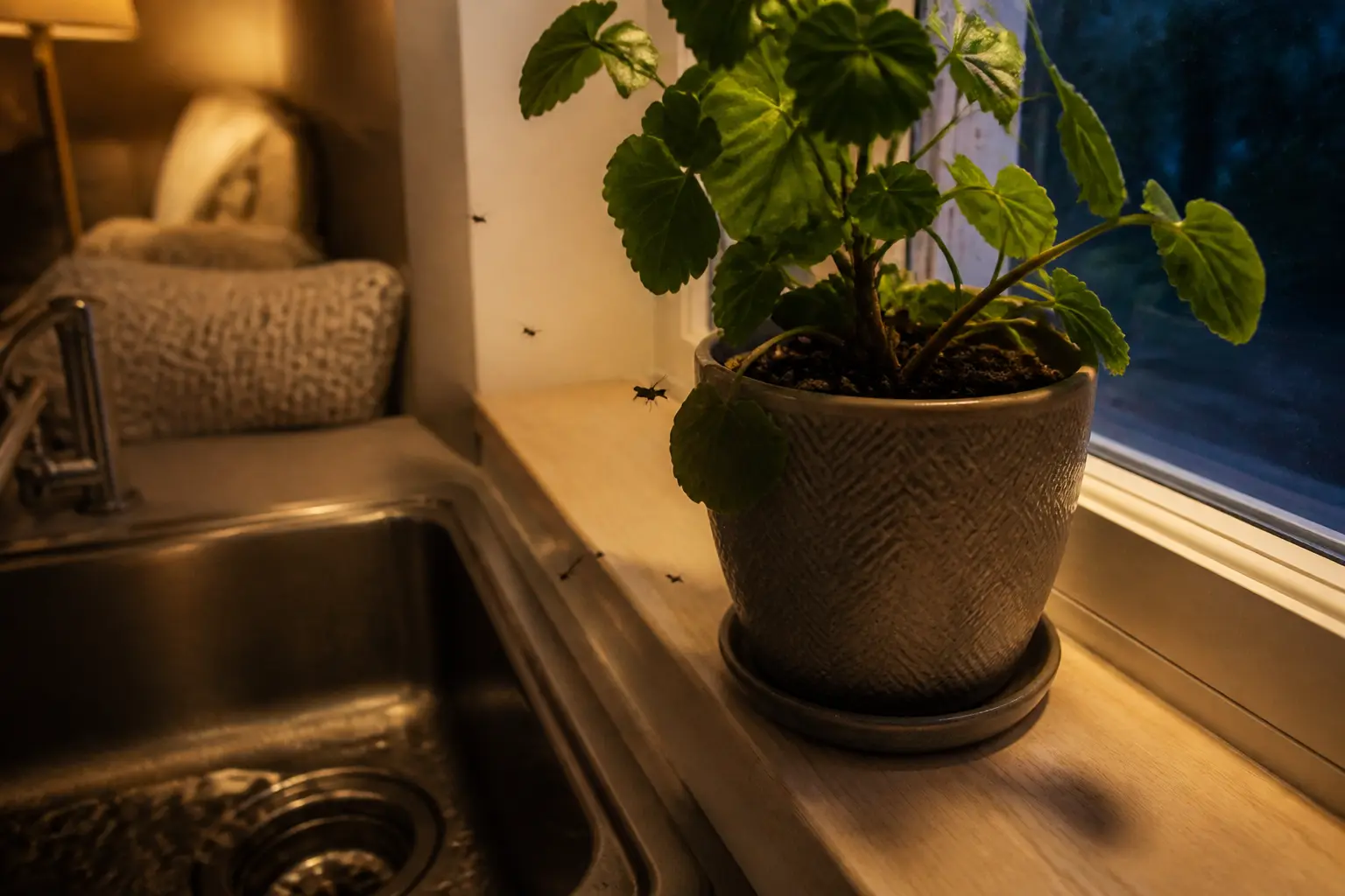 Petit moucheron noir près d’un pot de plante humide sur un rebord de fenêtre, à côté de l’évier de cuisine.