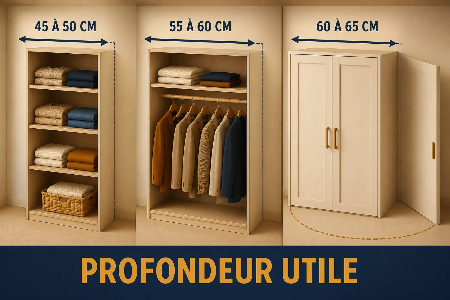 Infographie comparant la profondeur dressing idéale : 45 à 50 cm, 55 à 60 cm et 60 à 65 cm selon le rangement.