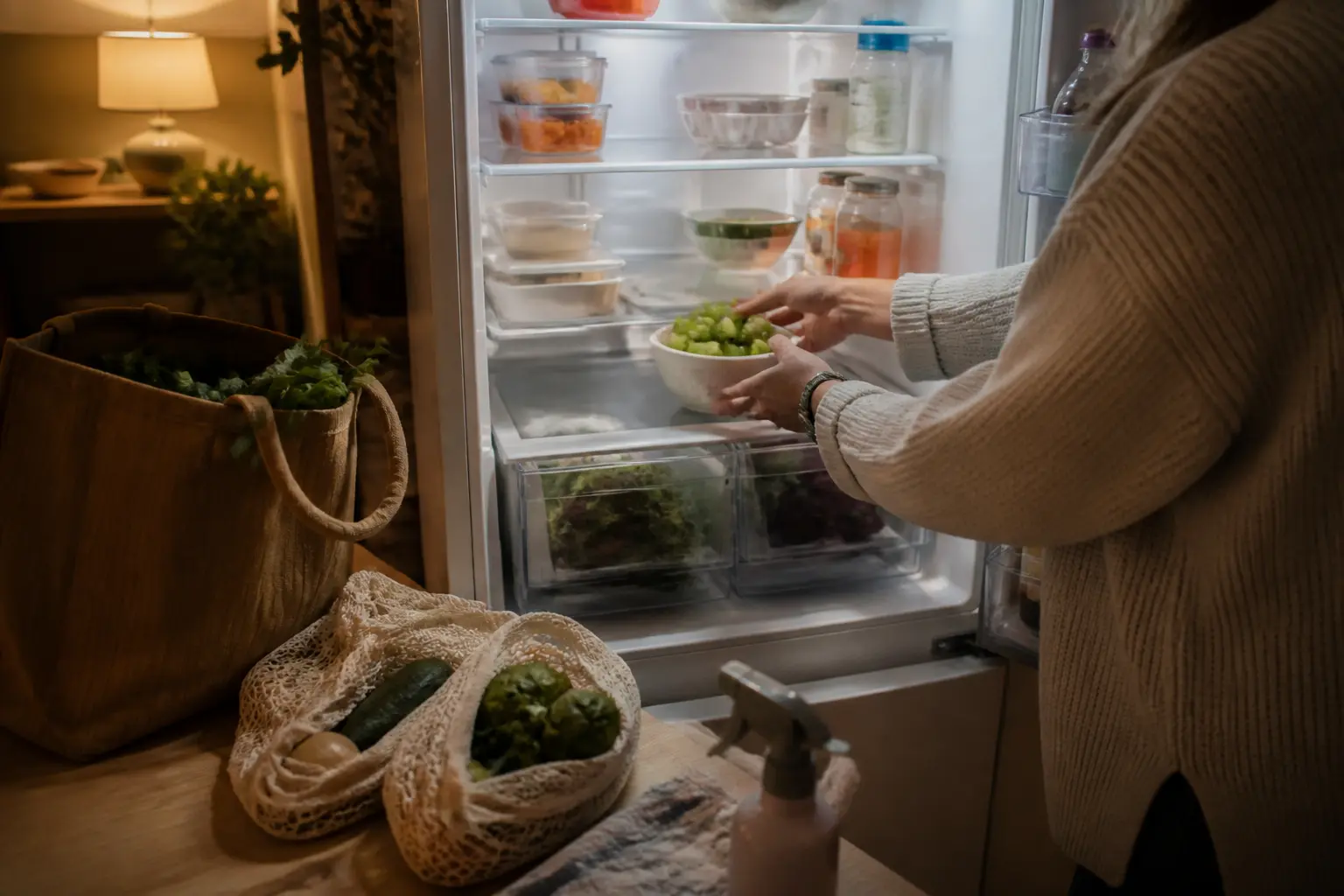 Rangement du frigo avant les courses : mains triant les aliments dans un frigo ouvert, sac et produits sur le plan de travail.