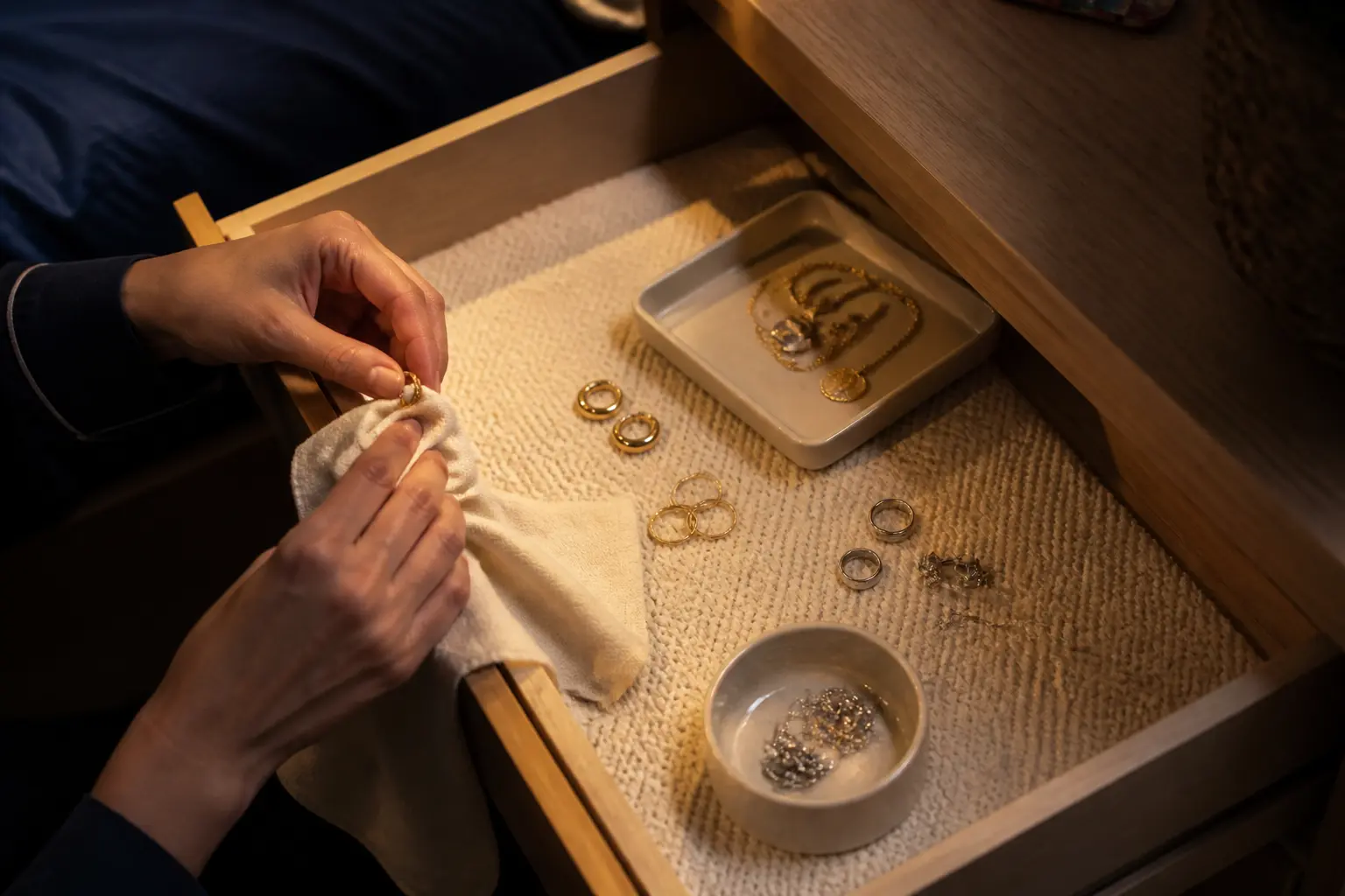 Ranger des bijoux dans un tiroir ouvert, avec bijoux triés, chiffon doux et lumière chaude du soir