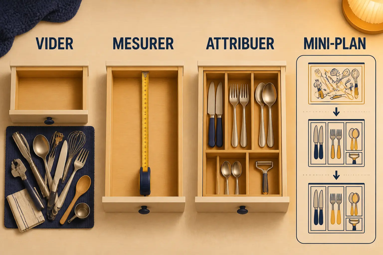 Infographie montrant comment ranger les couverts : vider, mesurer, attribuer des compartiments et trier le tiroir par type.