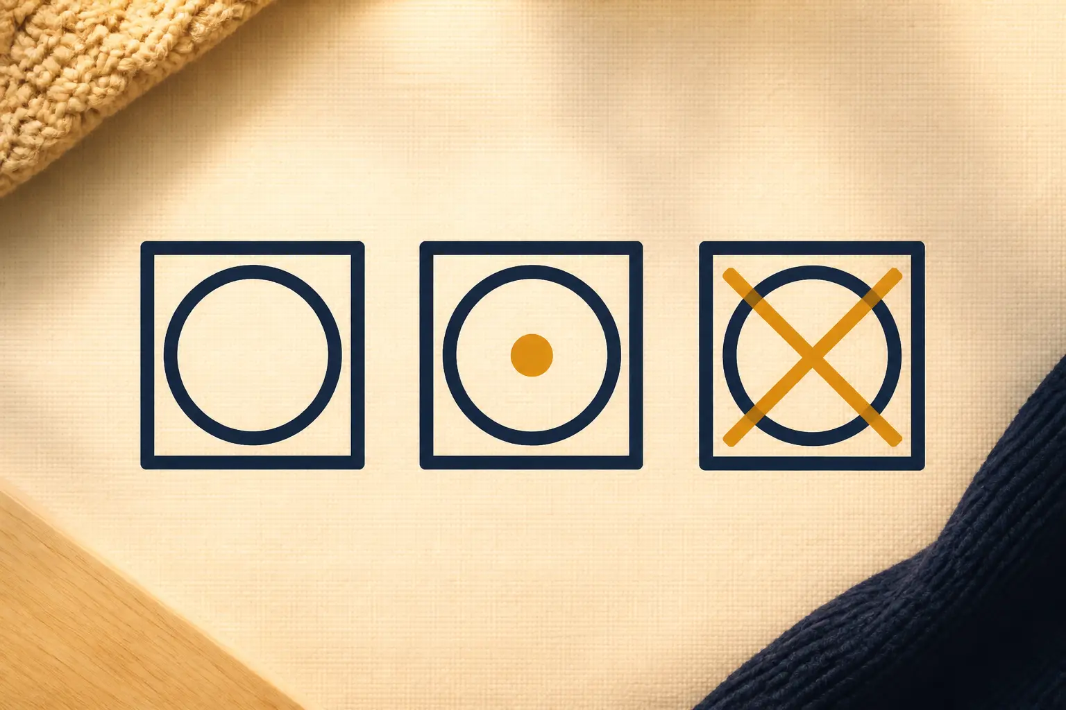 Symbole du seche linge : trois pictogrammes d’étiquette, séchage autorisé, basse température et interdit.