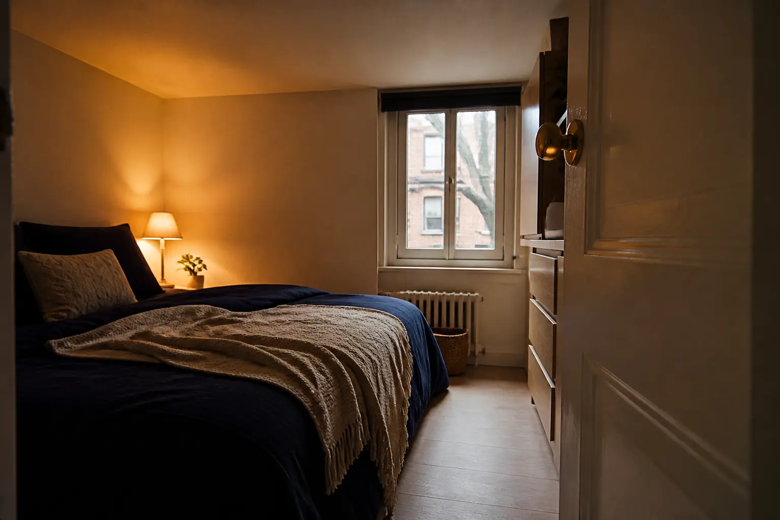 Taille minimale chambre : petite chambre mansardée avec lit, fenêtre étroite et circulation réduite, ambiance réaliste et sombre
