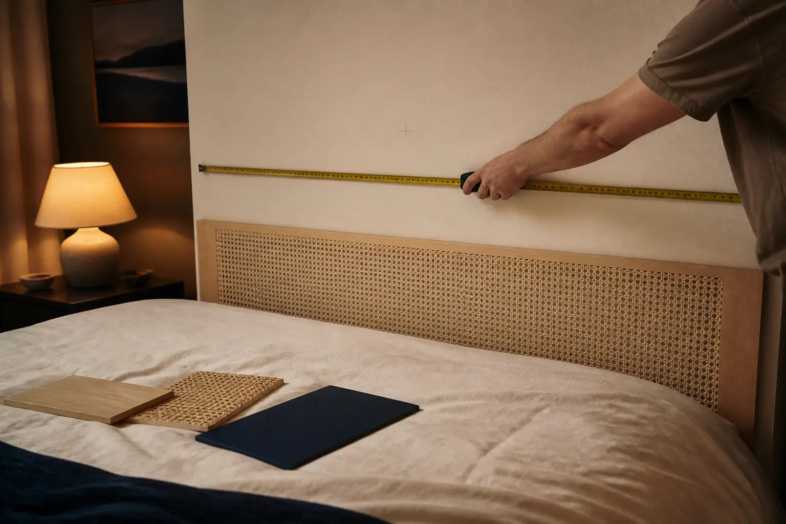 tete de lit diy mesurée au mur dans une chambre cosy, mètre ruban, échantillons bois et rotin sur le lit