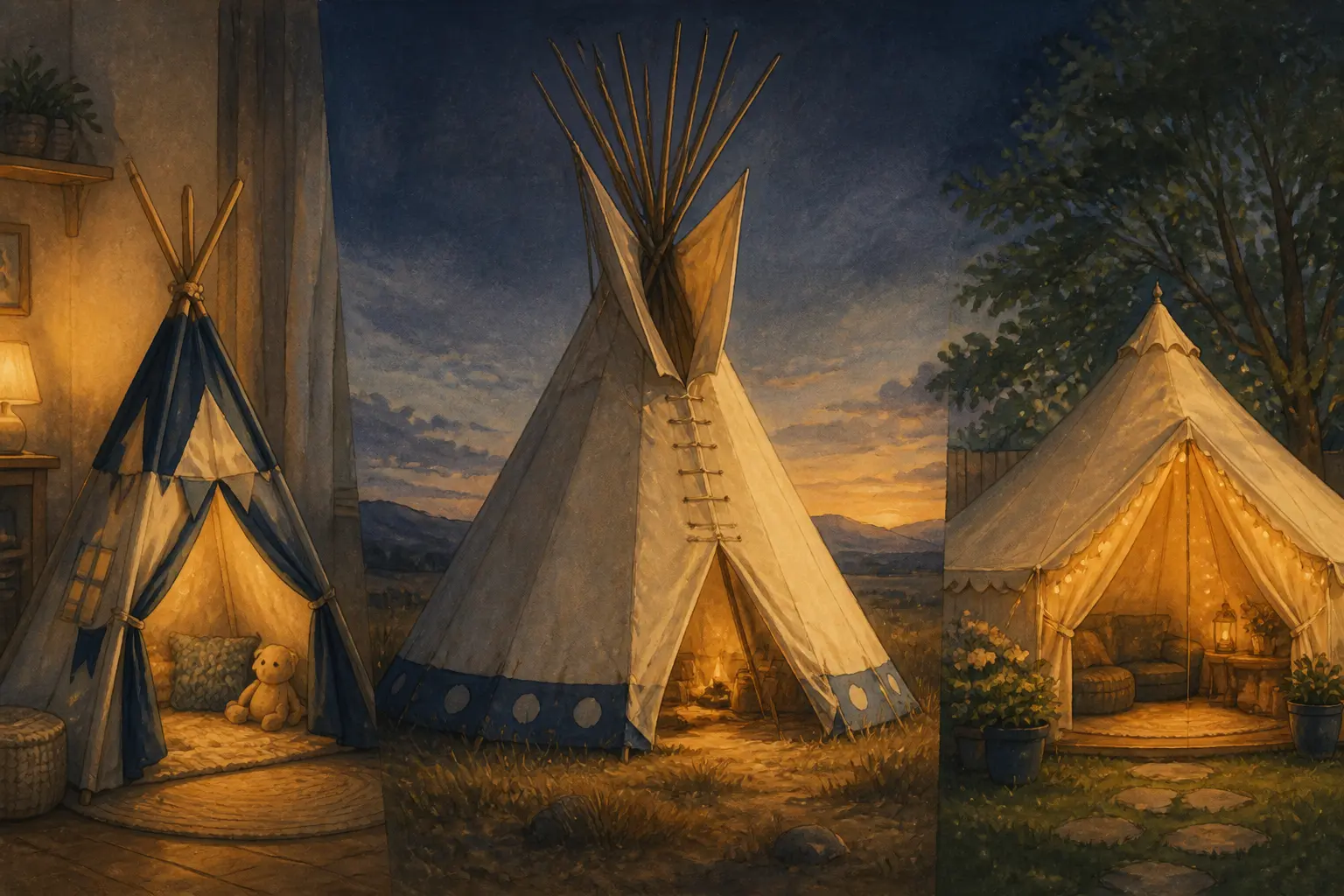 Tipi indien traditionnel au centre, comparé à une tente enfant et une tente de jardin, vue comparative claire.