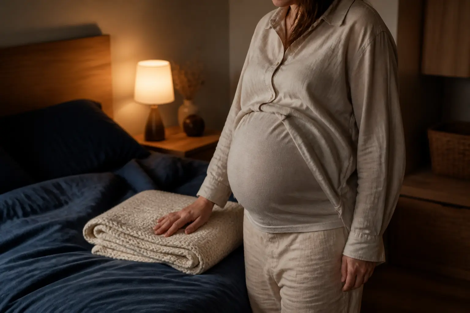 Truc de grand-mère pour savoir quand on va accoucher : personne enceinte près d’un lit défait, ambiance douce et attente calme