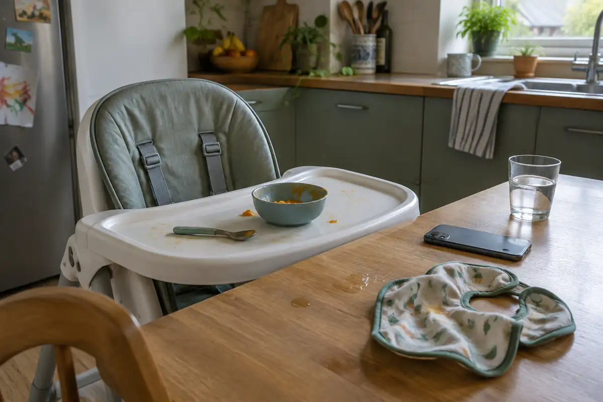 Une chaise haute vide avec un bol de purée entamé, un téléphone posé face contre la table à côté
