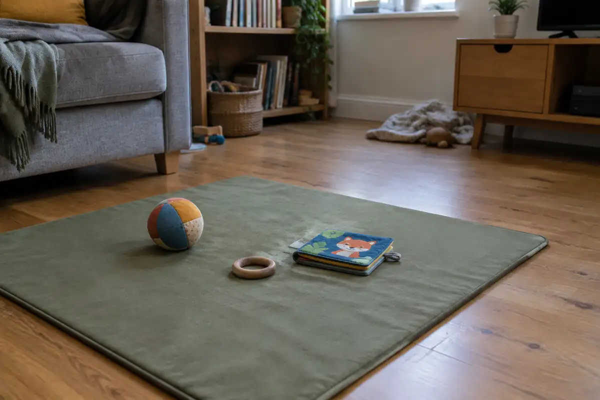 Tapis de sol dégagé avec une balle, un anneau en bois et un livre en tissu