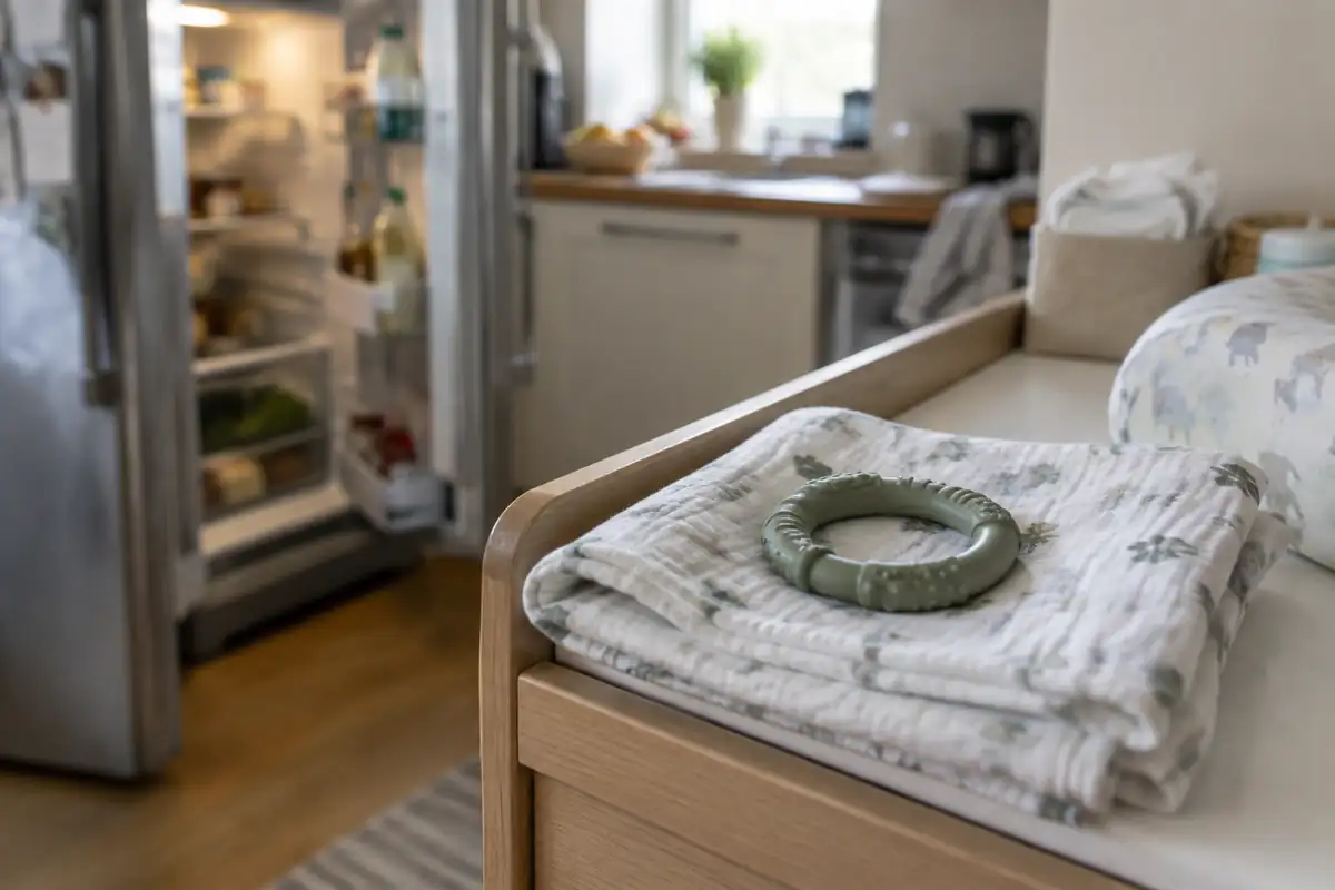 Anneau de dentition en silicone posé sur un linge propre au bord d'une table à langer