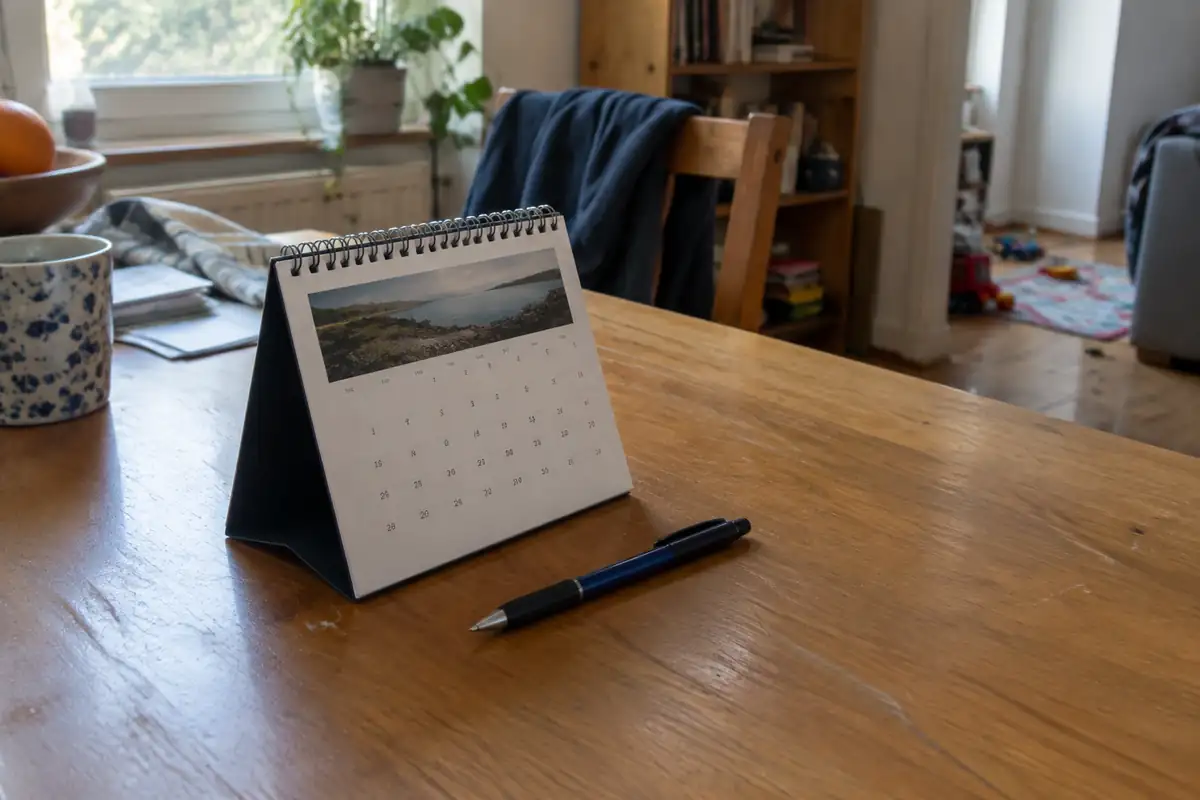 Calendrier de bureau et stylo posés sur une table