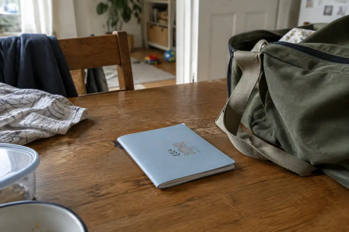 Carnet de santé fermé posé près d'un sac sur une table
