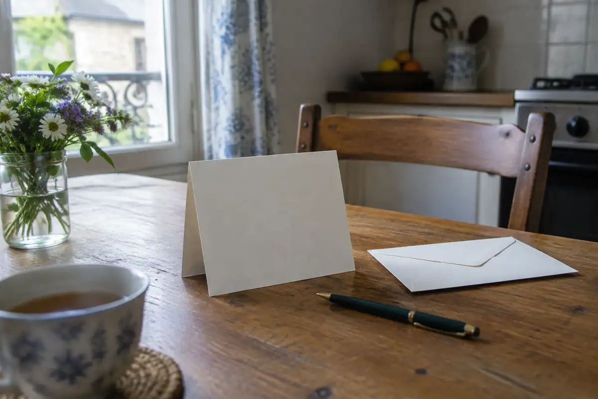 Carte pliée et enveloppe posées sur une table de cuisine avec un stylo