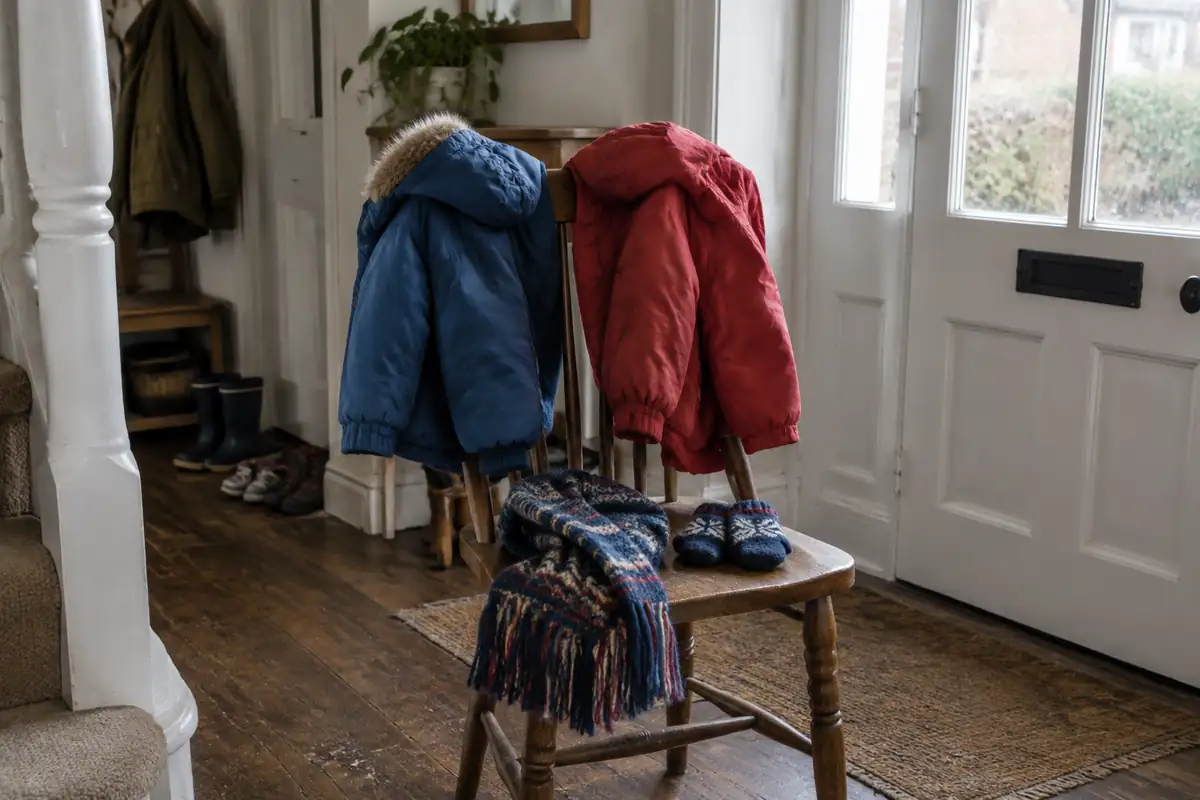 Un manteau bleu et un manteau rouge d'enfant posés sur une chaise de l'entrée