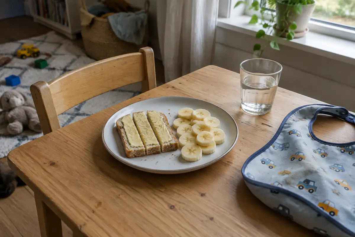 Goûter d'enfant avec tartine beurrée et rondelles de banane