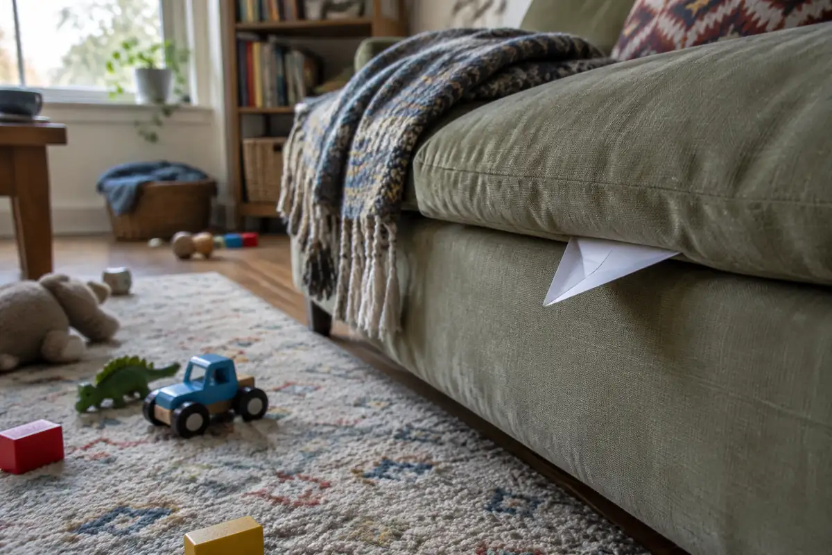 Un indice en papier plié qui dépasse de sous le coussin d'un canapé, à hauteur d'enfant, jouets sur le tapis