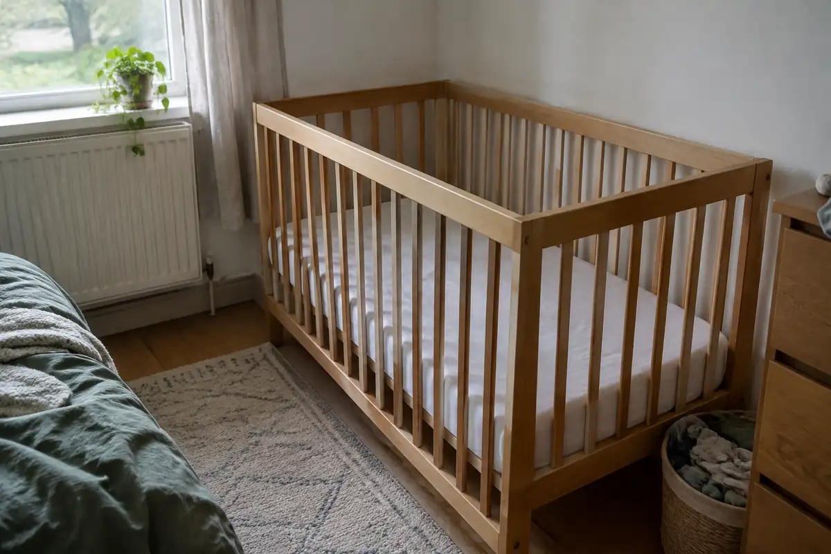 Lit à barreaux en bois vide avec un drap housse blanc uni