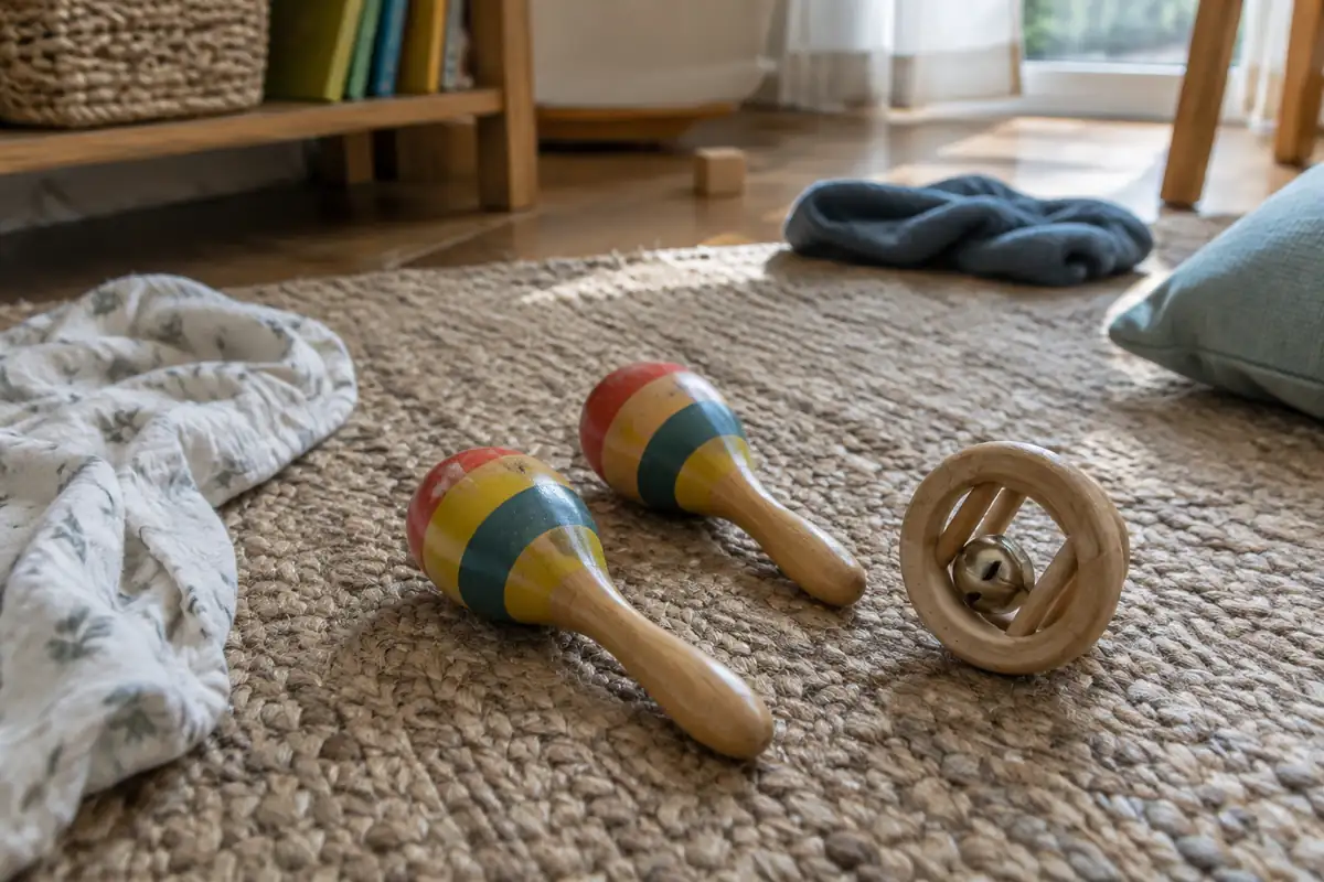 Deux maracas en bois colorés et un hochet anneau à grelot posés sur un tapis tressé