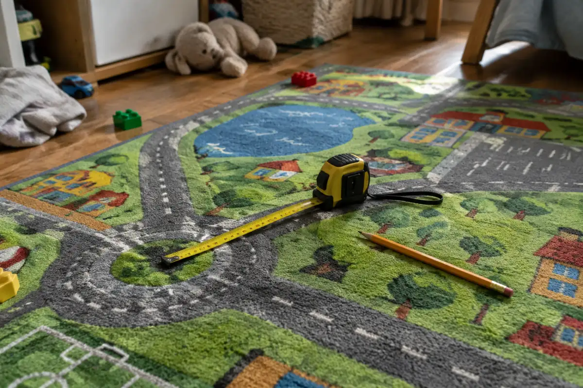 Mètre ruban et crayon posés sur un tapis de jeu coloré