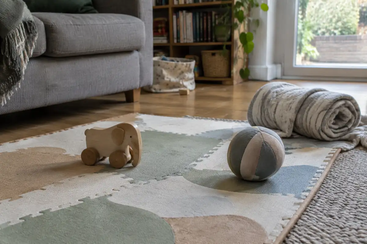 Tapis de sol avec un éléphant en bois et une balle en tissu dans un salon