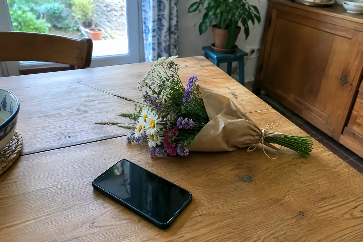 Téléphone à l'écran éteint à côté d'un petit bouquet de fleurs du jardin