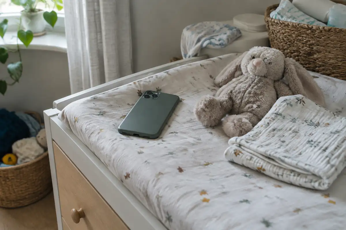 Téléphone et doudou sur une table à langer